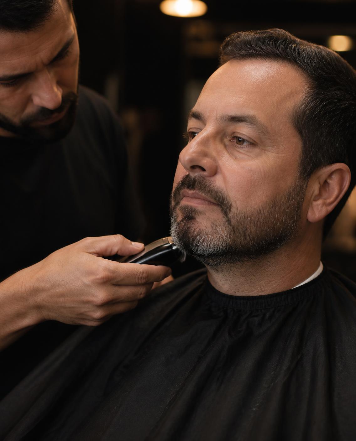 Barber trimming a man's beard