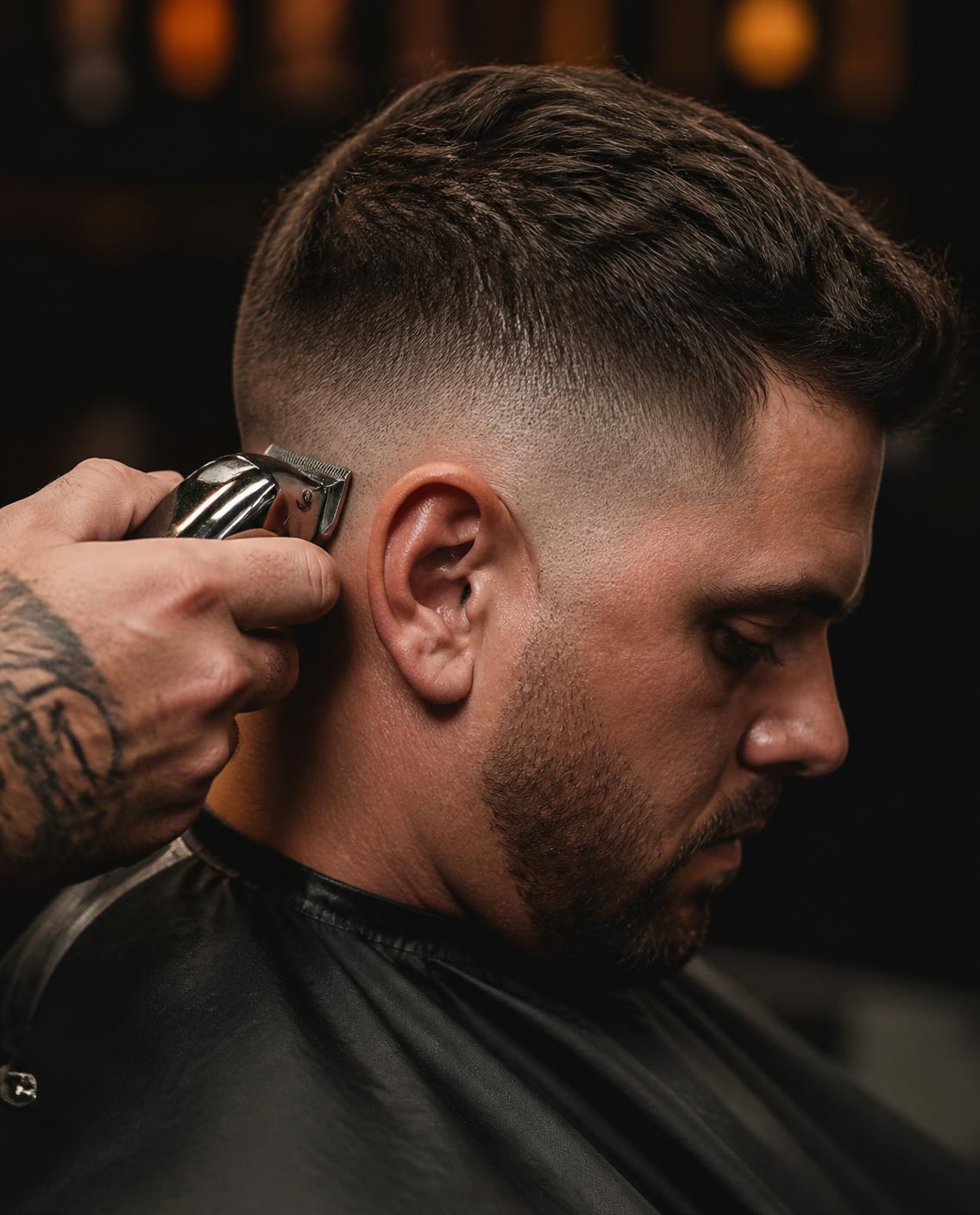 Barber finishing a skin fade with clippers