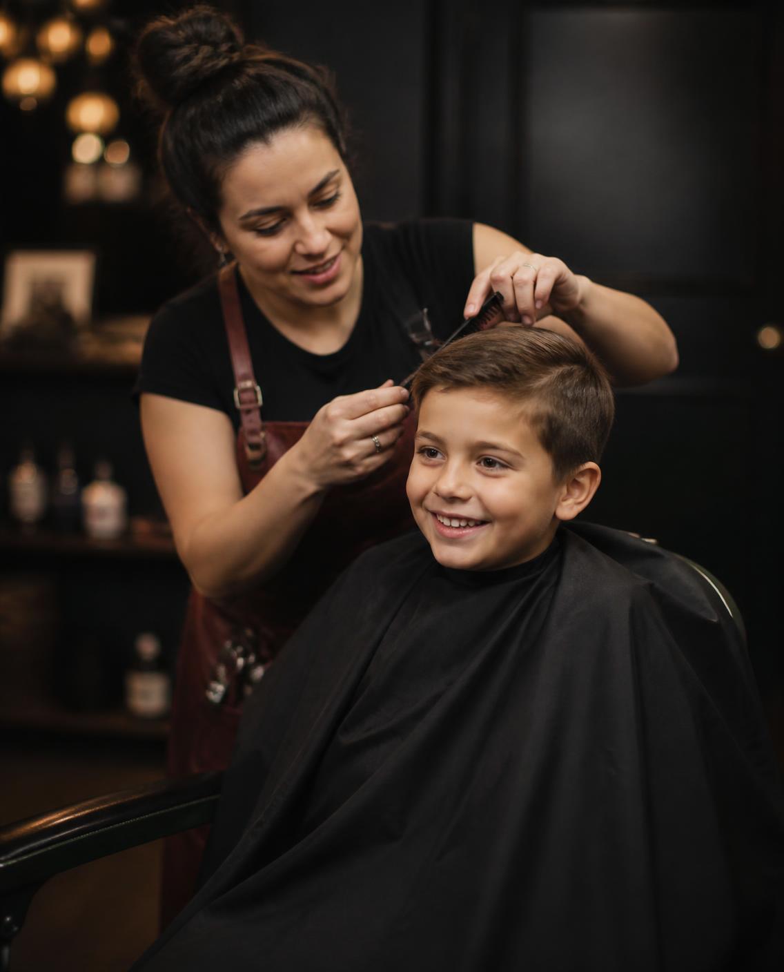 Smiling boy getting a haircut
